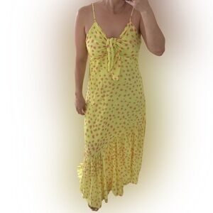 Yellow Pink Polka Dot Maxi Dress | Spaghetti Strap | Summer | Size M